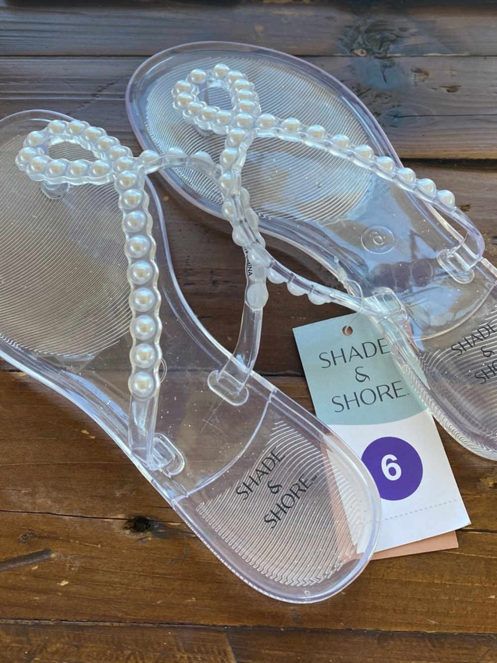 Shade & Shore Clear Pearl-Accent Jelly Flip Flops NWT - Picture 2 of 4